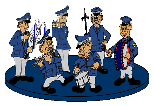 6 blaue Spielleute mit Trommel, Tambourstab, Querflöte, großer Trommel und Lyra